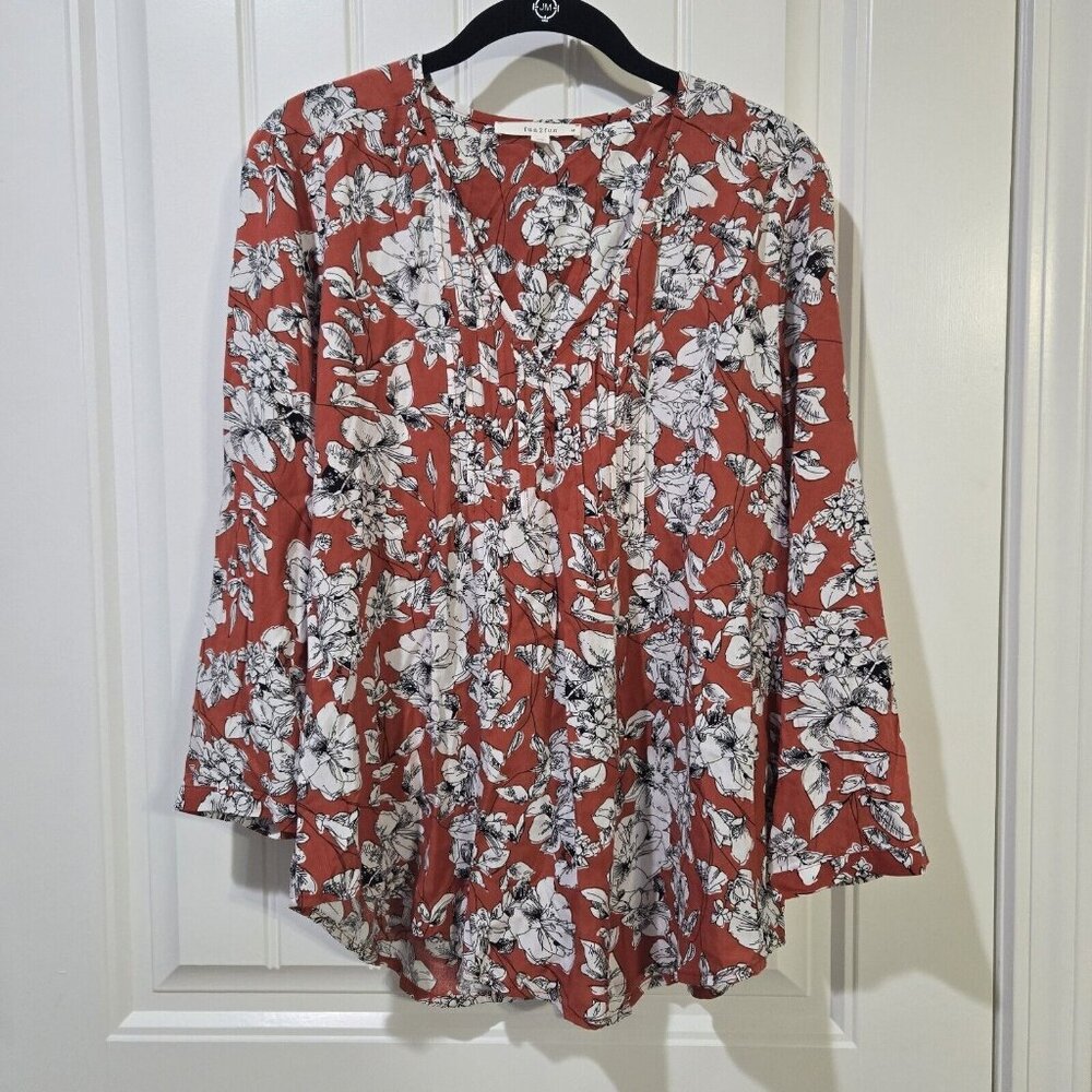 Fun 2 Fun Stitch Fix Women's Maley Blouse Size M Orange Floral Top 3/4 Sleeve